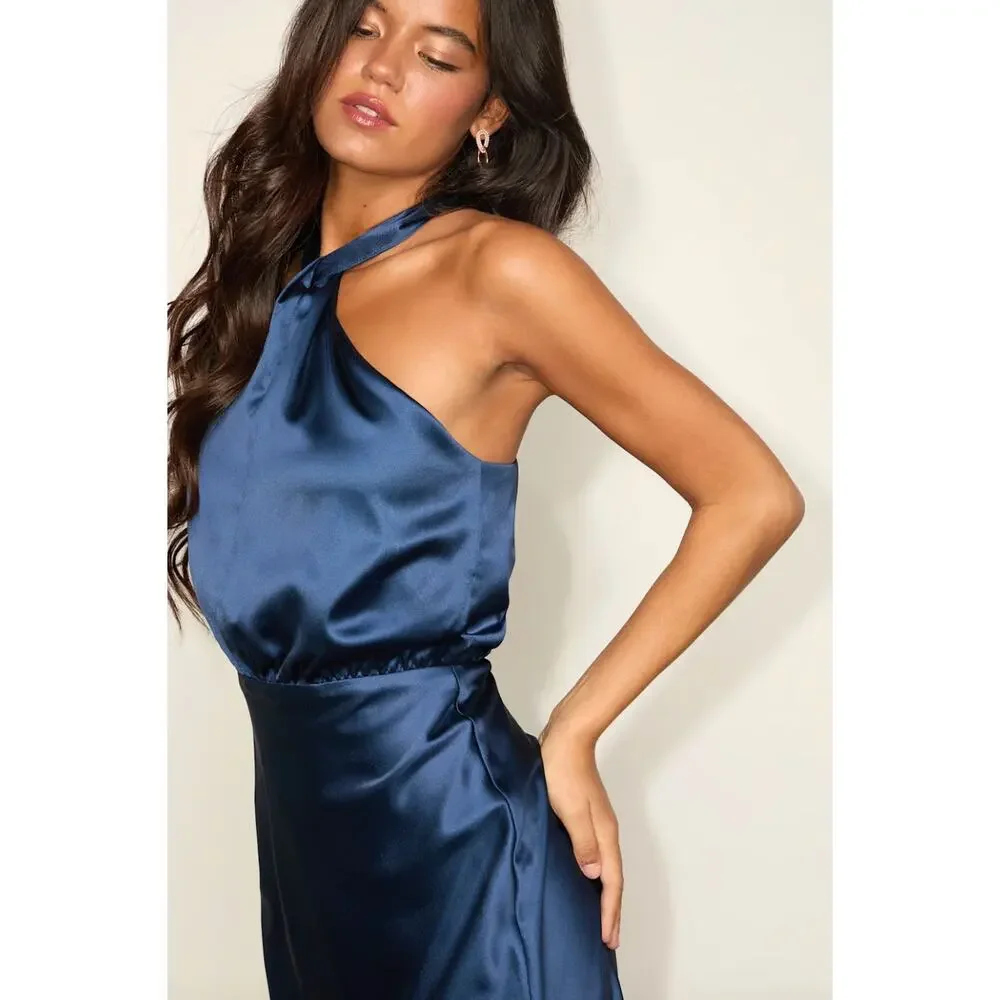 Lulus Jacey Navy Satin Halter Midi Dress Party Cocktail Classic Small NWT